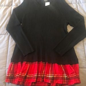 Torrid black ribbed sweater with red plaid hem
